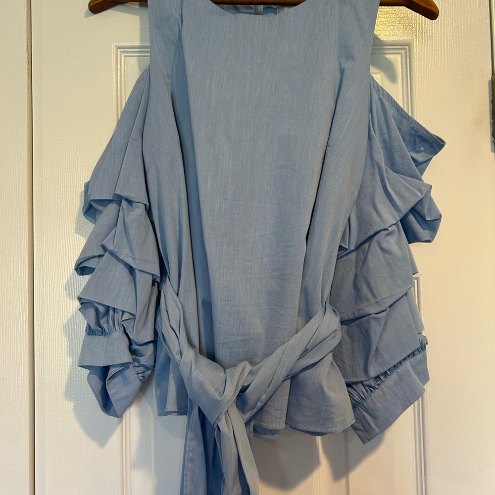 J.O.A. Light Blue Ruffle Sleeve Tie-Front Blouse